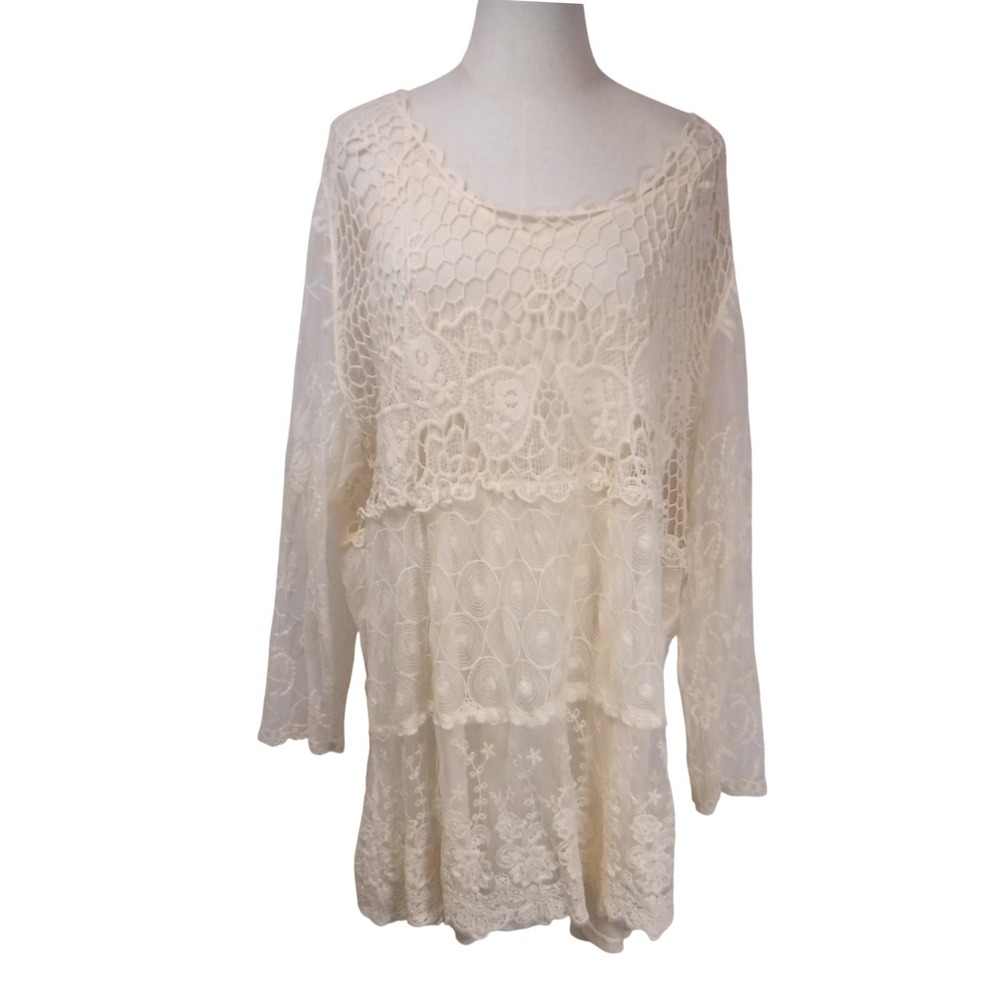 Wonderly‎ Boho Cream Lace Tunic Top with Slip Dress Set Long Sleeve Crochet XL
